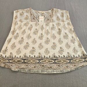 Lucky Brand Womens Floral Print Mixed Media Cap Sleeve Top Cream Large NWT